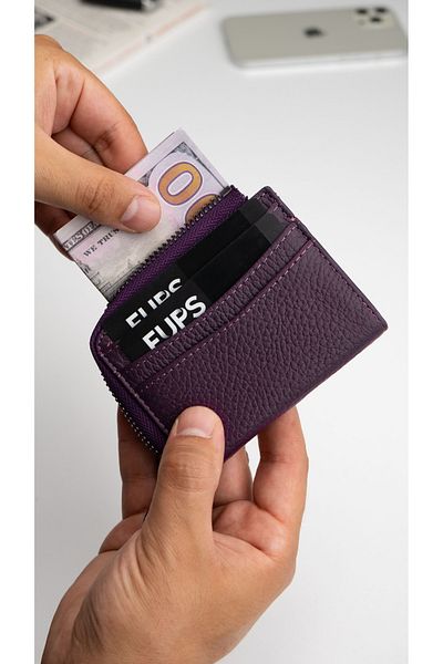 Niki Leather Thiny Unisex Plum - Zippered Genuine Leather Card Holder Wallet