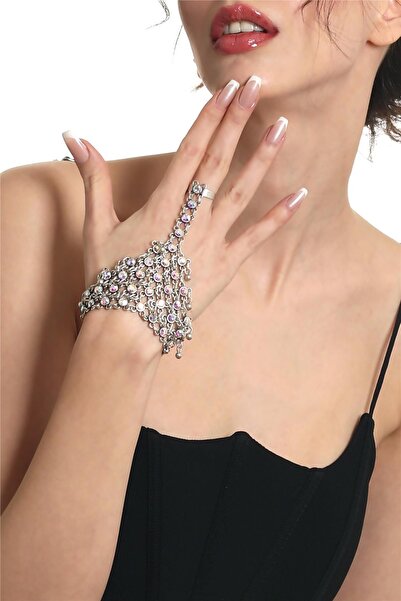 LABALABA Kadın Antik Gümüş Kaplama Gökkuşağı Renk Taşlı Yüzüklü Şahmeran