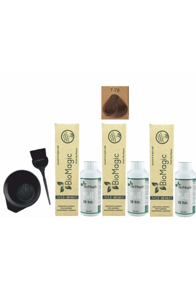 BIOMAGIC Organik Saç Boyası 7.72 Küllü Kumral 60ml X3 Adet+oksidan 90ml+boyam...
