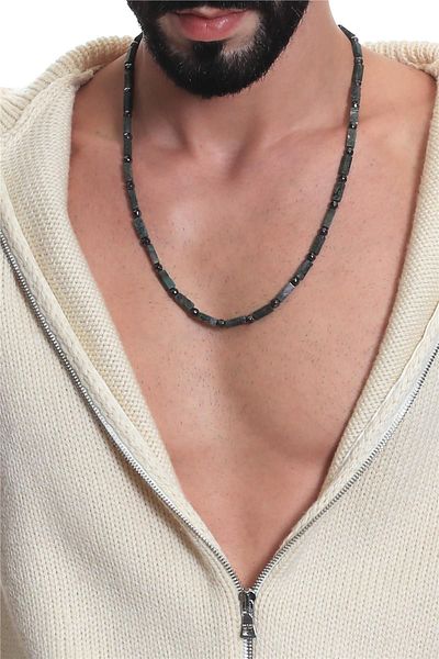 LABALABA Men's Green Color Howlite Natural Stone & Faceted Hematite Handmade Design Necklace