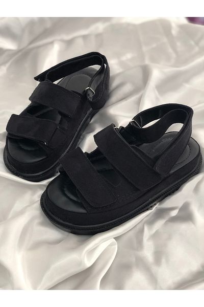 Hg Ayakkabı Sandale Bodrum din piele intoarsa neagra cu velcro inalt - HENNA