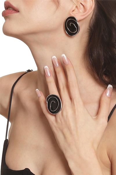 LABALABA Women's Silver Color Lacquer Plated Spiked Model Black Enamel Earrings & Ring Set