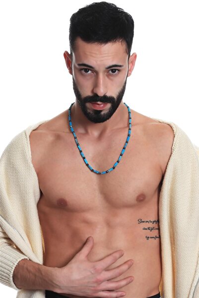 LABALABA Men's Blue Color Howlite Natural Stone & Faceted Hematite Handmade Design Necklace