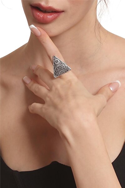 LABALABA Kadın Antik Gümüş Kaplama Ayarlanabilir Etnik Motif Baskılı Üçgen Yüzük