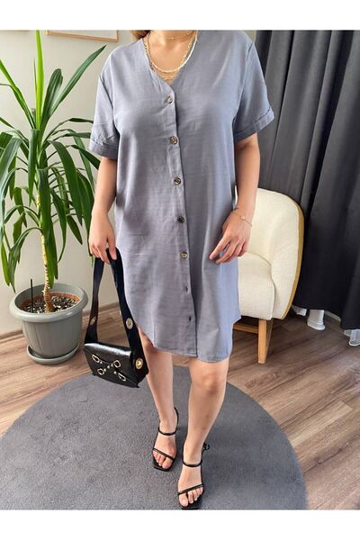 Senem Karadağ V-Neck Linen Women's Dress - Buttoned Front