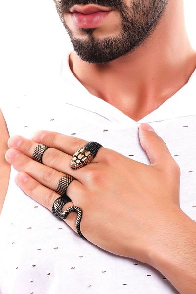 LABALABA Men's Black Oxide Plated Jeweler Gilding Detailed Adjustable 4-Piece Snake Ring Set