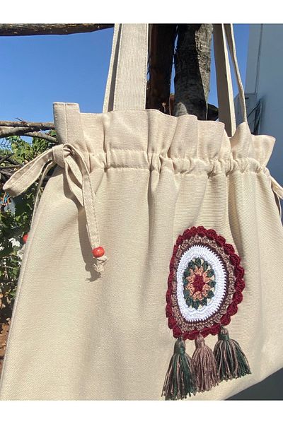 Handream Burgundy/White Authentic Motif Tote Cloth Shoulder Bag - Drawstring