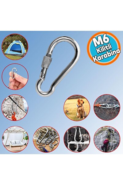 NZB Kilitli Karabina 6 MM Yaylı Kanca Paslanmaz Çelik Kilit Tırmanma Dağcılık...