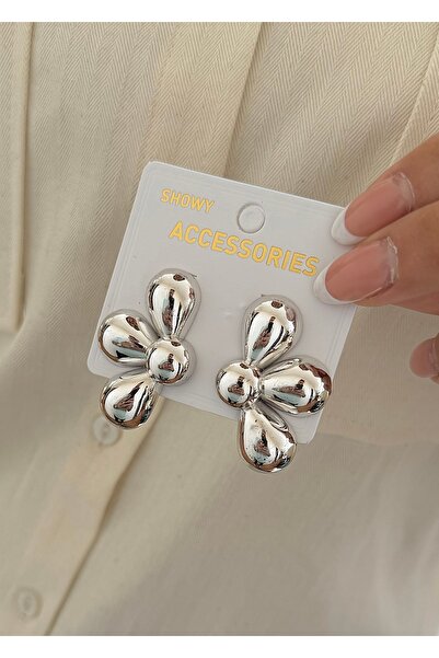 takıtarzım Silver Women's Earrings - Half Flower Curved