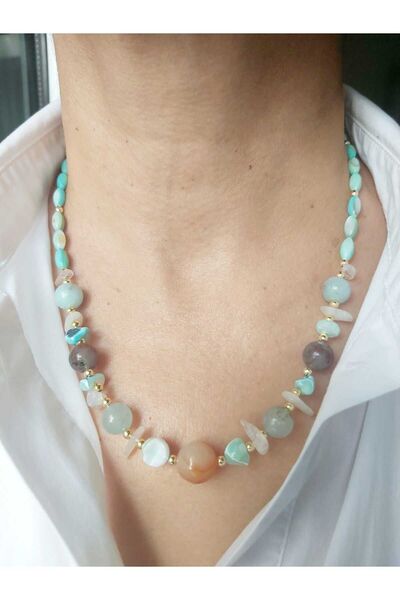 DEVİ fashion Ay Taşı, Sedef, Akik Ve Kristal Kuvars Doğal Taş Kolye