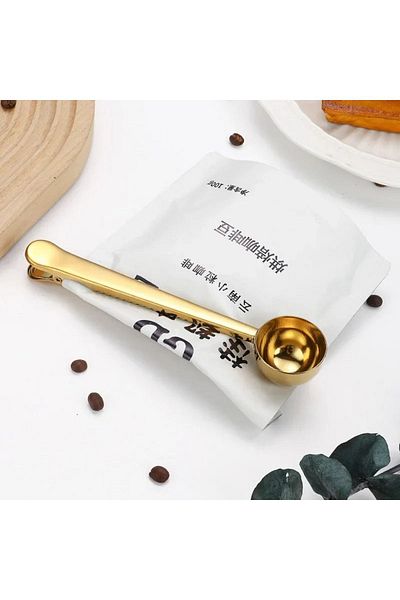 Tktoptan Gold Colored 2 in 1 Stainless Steel Coffee Measuring Spoon and Package Clip with Latch