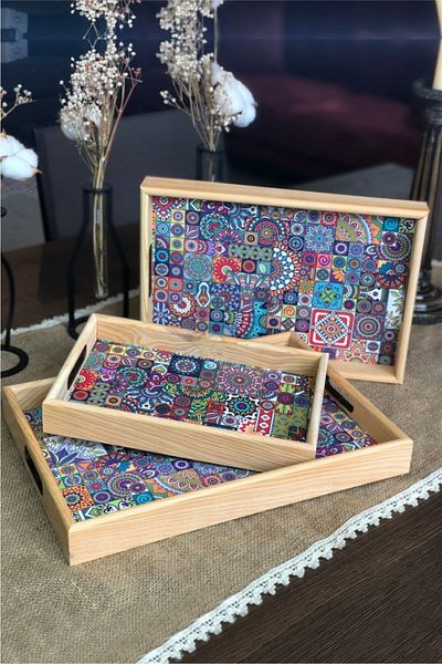 Deseja Wooden 3 Size Tile Patterned Service Presentation Tray Tea Coffee Serving Tray Tea Tray