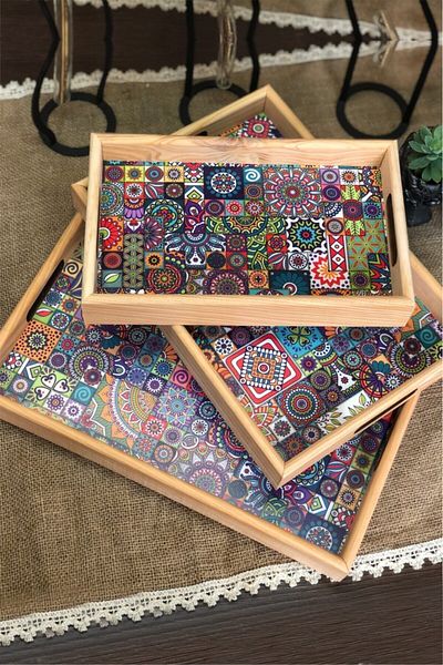 Deseja Wooden 3 Size Tile Patterned Service Presentation Tray Tea Coffee Serving Tray Tea Tray