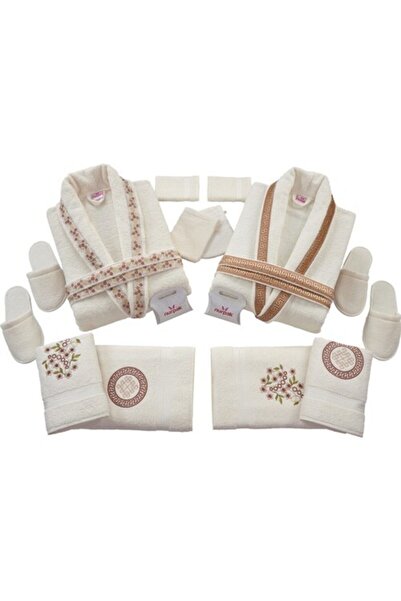 Nurpak Meltem Aile Bornoz Seti %100 Pamuk Krem-kahve (16 Parça)