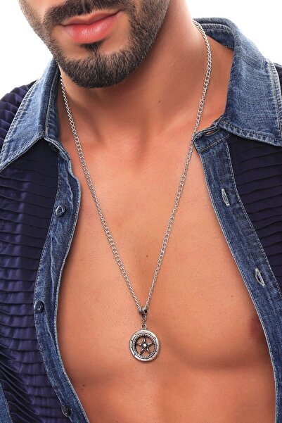 LABALABA Erkek Antik Gümüş Kaplama Dharma Çarkı Uçlu Kolye