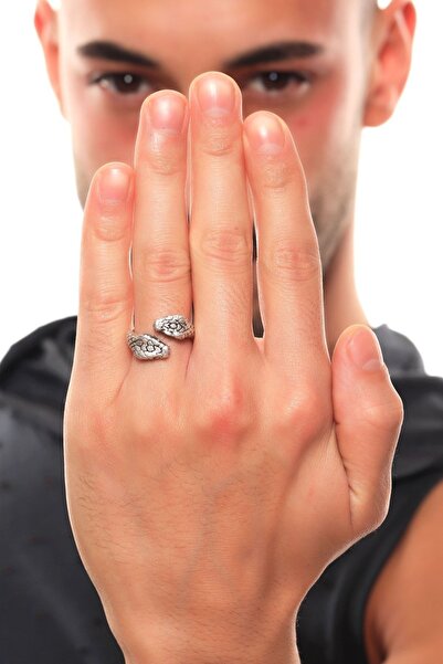 LABALABA Erkek Antik Gümüş Kaplama Baskılı Çift Başlı Yılan Yüzük