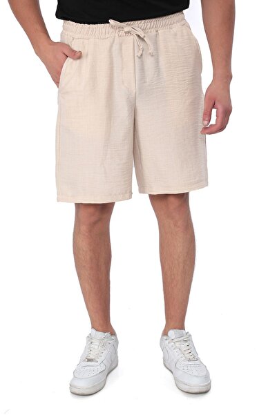 REYNEV Summer Beige Men's Linen Shorts - Comfortable Cut and Elastic Waist