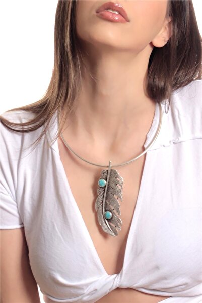 LABALABA Kadın Antik Gümüş Kaplama Turkuaz Taşlı Yaprak Charm Detaylı Tasarım Kolye