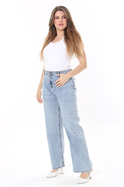 Şans Kadın Büyük Beden Mavi Ön Fermuarlı Arka Cepli Yıkama Efektli Kot Pantolon 65N37831