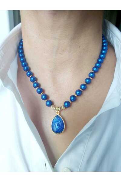DEVİ fashion Saks Mavisi Damla Uçlu Özel Tasarım Modern İnci Kolye