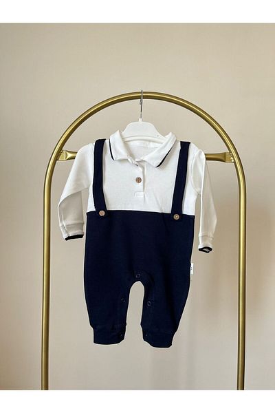 MBK GARDEN White and Navy Blue One-Piece Baby Romper with Straps (6-18 Months)