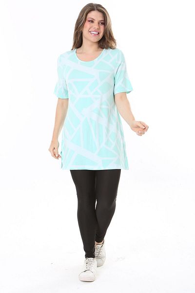 Şans Women's Large Size Green Crew Neck Short Sleeve Tunic 65N37851