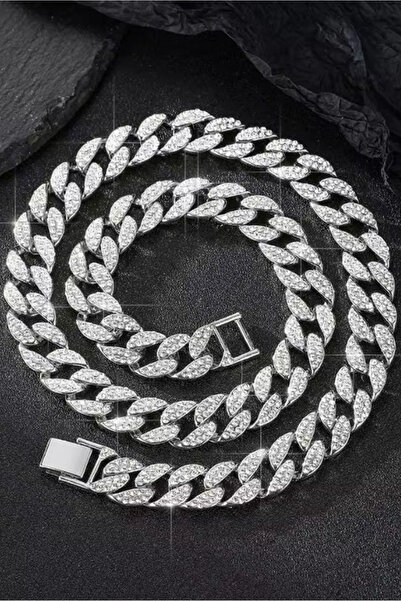 Jaida Moda Unisex Gümüş Renk Taşlı Cuban Chain 14mm Zirkon Kolye