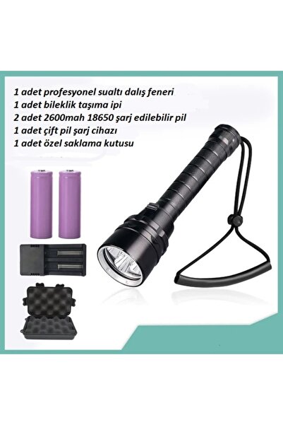 EBYY Profesyonel 5X su altı dalış feneri + 2adet li-ion 2600mah 18650 pil + Pil şarj cihazı + Kutu