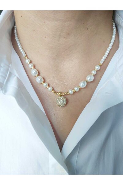 DEVİ fashion Altın Kaplama Zirkon Taşlı Özel Tasarım Incili Bombeli Kolye