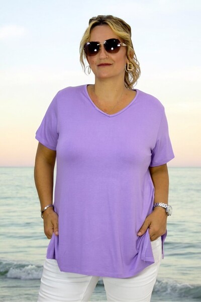 yagmurberen Large Size V-Neck Slit Short Sleeve Basic Viscose T-Shirt