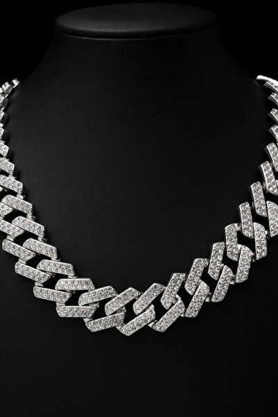 Jaida Moda Unisex Gümüş Renk Taşlı Chain 15mm Zirkon Kolye