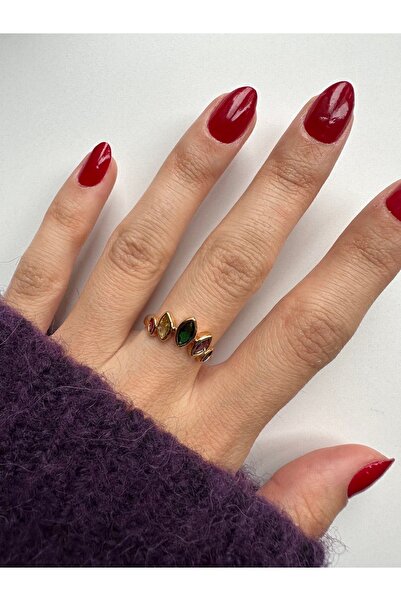 ringbox Gold Renkli Taşlı Yaprak Model Sıralı Yüzük