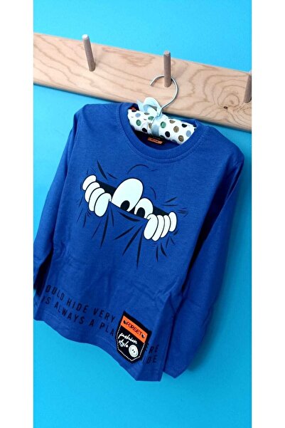 Kırmızı Смугаста синя футболка для хлопчиків з принтом «Здивовані очі»