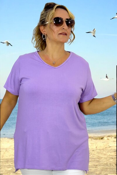 yagmurberen Large Size V-Neck Slit Short Sleeve Basic Viscose T-Shirt