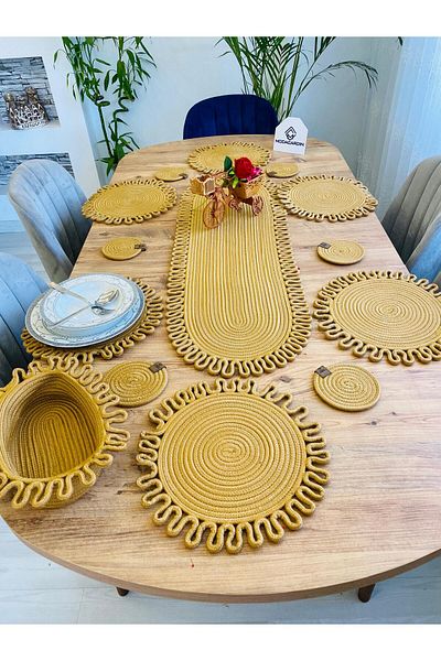 ModaCardin Σετ 14 τεμαχίων από γιούτα Wicker American Service Charging - Runner, Basket και ποτηροθήκη