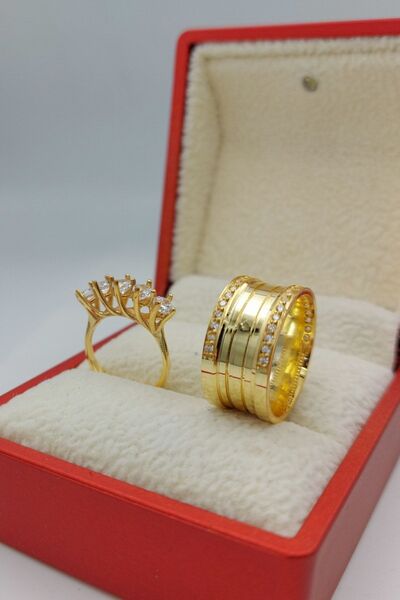 Silver Self Gümüş Alyans Beştaşlı Altın Kaplama Üç Şerit