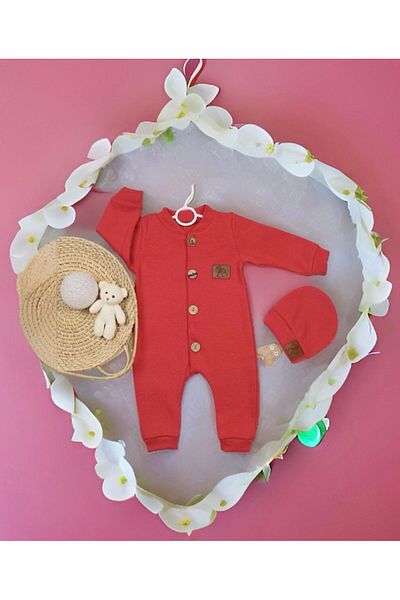 SuAy Baby Baby Girl-Boy Jumpsuit with Ribbed Fabric Buttoned Hat