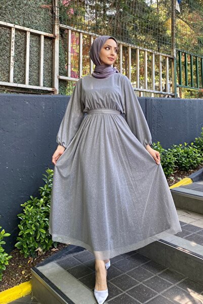 bezenstore SİMLİ TÜL ELBİSE GRİ
