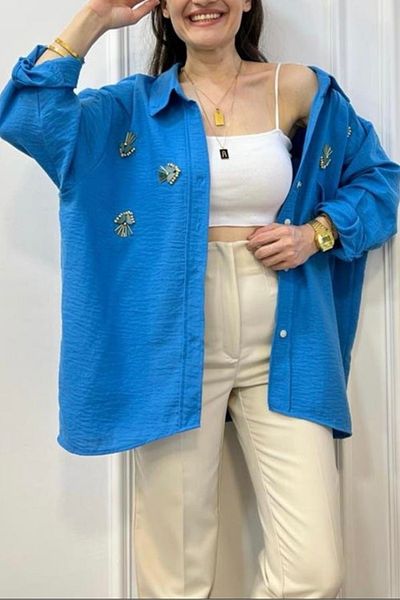 Suzi butik Cămașă oversize pentru femei - fără umăr, brodata 4751