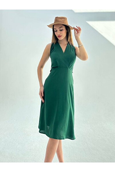 lovebox Aerobin Kumaş Kruvaze Yaka Midi Boy Boyundan Bağlamalı Şık Kadın Elbi...