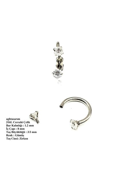 agbtasarım ZİRKON TAŞLI GÜMÜŞ YARIM HALKA PİERCİNG ("septum, Nose, Helix")