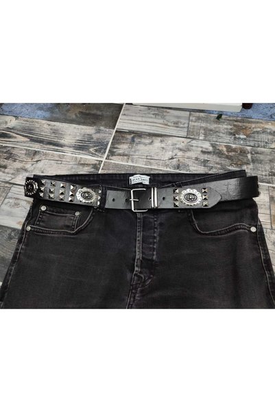 MFC Faux Leather Belt with Accessory Skulls and Pyramid Pattern