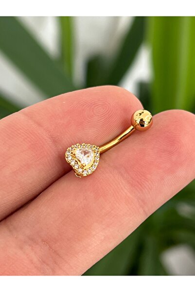 Karınca Piercing Taşlı Kalp Yüksek Kalite Altın Rengi Göbek Piercing Gold Cerrahi Çelik