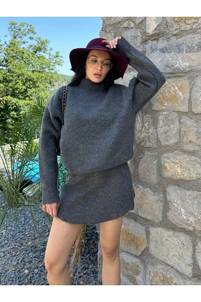 lovebox Silk Pique Patterned Knitwear Sweater and Skirt Set - Half Neck - Women 101