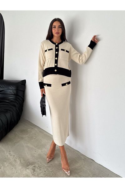 lovebox Knitwear Double Set - Metal Button Detailed 4 Pocket Cardigan and Midi Skirt Stylish Design 001