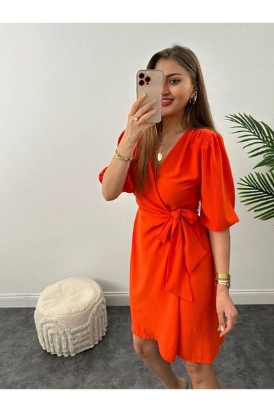 lovebox Rochie midi elegantă cu guler dublu și detaliu cu eșarfă - țesătură aerobin, jumătate de mânecă - 008