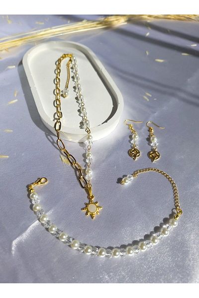 LE&DA Accessory Polar Star Ends, Steel Chains and Pearls; Necklace, Earring Bracelet Set