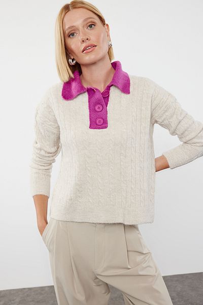 Trendyol Collection Pulover din tricot cu textura moale, bloc de culoare, gât polo - TWOAW25KZ00029