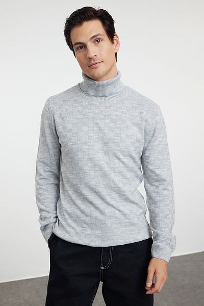 Trendyol Collection Grauer Rollkragenpullover aus strukturierter Strickware für Herren