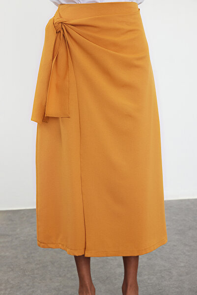 Trendyol Modest Cinnamon Linen Look Woven Skirt - Double Breasted and Tie Detailed TCTSS24EE00002
